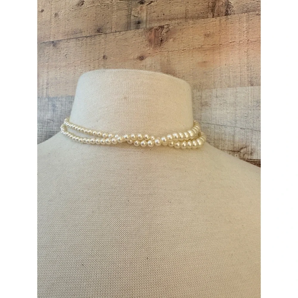 Vintage Double Strand Faux Pearl Necklace Art Deco Rhinestone Clasp Cream 16